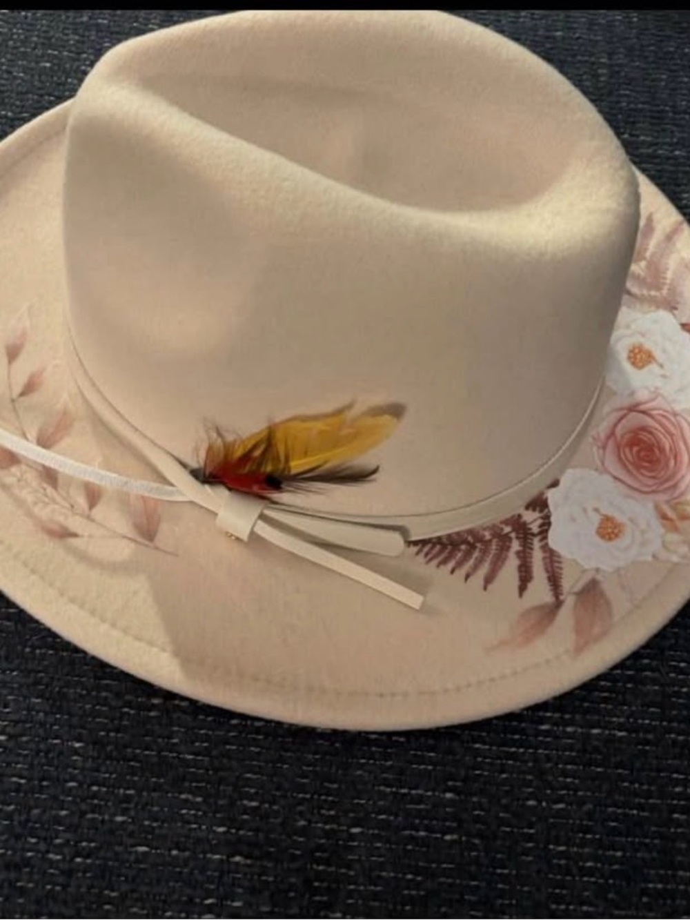 Cream Felt Fedora Hat with Floral Trim and Feather Accent
